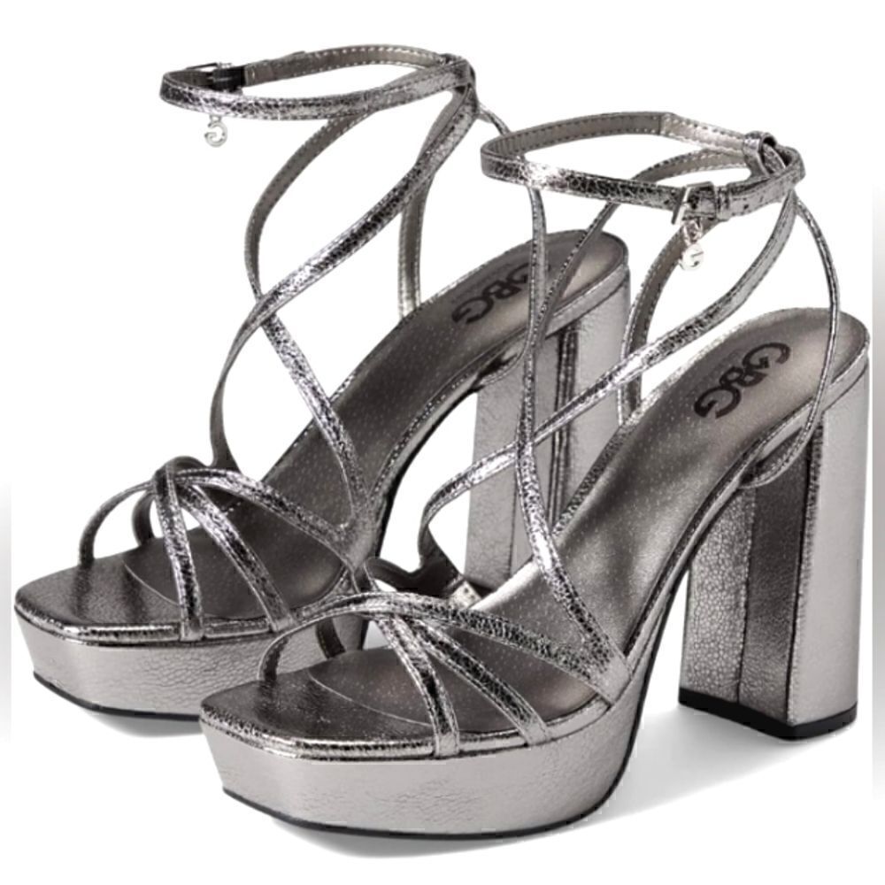 Metallic Silver High Heel Chunky Strappy Party Shoes SZ 40 Prom GBG Los Angeles